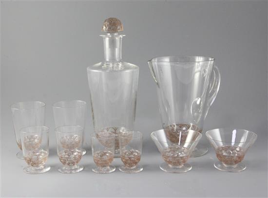 A Rene Lalique fifty piece Pouilly pattern brown stained and frosted suite of table glass, decanter and stopper 28.5cm